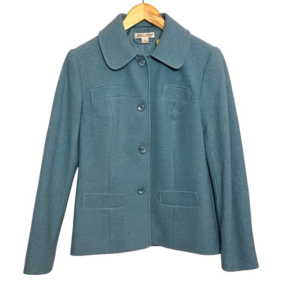 Pendleton S Blue Marina Wool Button-Up Jacket Collared Neck Front Pockets VTG